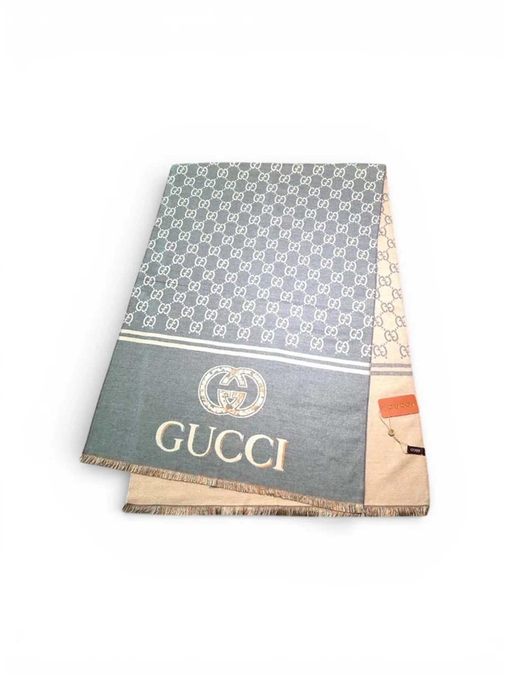 NWT Gucci Monogram Cashmere and Silk Double-sided Grey/Khaki Shawl